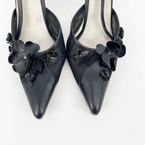 Miu Miu Vintage Retro Black Flower Bow Mesh Pointed Toe Slingback Heel IT 38 - Picture 6 of 13